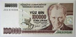 7. Emisyon 3. Tertip 100 Bin Türk Lirası J44 928506 Çil Kondisyonda Koleksiyonluk Eski Para