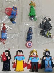 Lego benzeri uyumlu farklı markaya ait çizgi film animasyon kahramanları karakter mini figür oyuncak set. Spiderman süperman Batman captain Amerika Hulk yeşil dev adam Pamuk prenses kötü kraliçe prens zehirli elma Cadı
