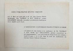 İzmir Türk - Fransız Kültür Cemiyeti  Ressam Delacroix Konferansı Davetiye