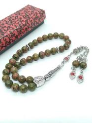 Unakit Doğal Taşlı Tespih, 8 mm, 33'lük, Kırmızı Mineli Özel Tasarım Püskül