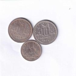 1939 yılı 10 kuruş, 1938 yılı 10 kuruş ve 1937 yılı 5 kuruş toplam 3 adet para