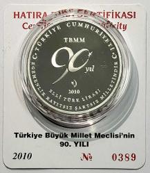 2010 Türkiye Büyük Millet Meclisi’nin 90. Yılı Sertifikalı 925 Ayar Gümüş Hatıra Parası Orjinal Darphane Poşetinde