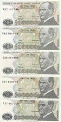 7. EMİSYON A - B - C - D - E VE F SERİSİ HARF TAKIM10 LİRA ( 5 ADET ) / ÇİL ALTI KONDİSYON