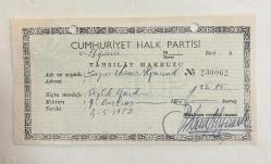Cumhuriyet Halk Partisi / İhsan Alyanak İmzalı Tahsilat Makbuzu 1972