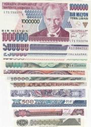 7. EMİSYON 10 LİRADAN 1 MİLYON DAHİL TAKIM - 12 ADET BANKNOTE / ÇİL KONDİSYON