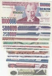 7. EMİSYON 10 LİRADAN 1 MİLYON DAHİL TAKIM - 12 ADET BANKNOTE / ÇİL ALTI KONDİSYON