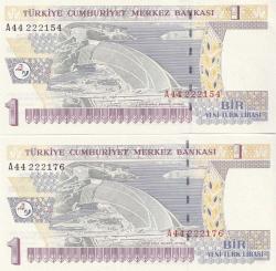 8. Emisyon 1 Lira A44 ÇİL- 2 Adet Lot - Güzel Seri Numaralı -