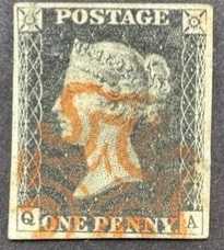 LOT.1 » İngiltere 1840 Kralice Victoria the peny black dünyanın ilk pulu orijinal Malta haçı kırmızı damgalı- çok nadir