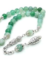 Orijinal Akik İmameli Yeşil Akik Tespih - 8 mm, 33'Lük - Özel Tasarım 3 Boyutlu Püskül