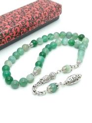 Orijinal Akik İmameli Yeşil Akik Tespih - 8 mm, 33'Lük - Özel Tasarım 3 Boyutlu Püskül