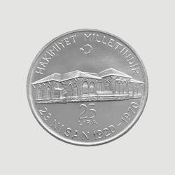 25 Lira 1970 TBMM'NİN 50. YILI, KM#897, Gümüş, ÇİL/MS66!