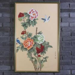 VINTAGE UZAKDOĞU SANATÇI İMZALI , MÜHÜRLÜ , KUŞLAR VE ÇİÇEKLER TEMALI ÇERÇEVELİ TABLO , 86 x 56 cm