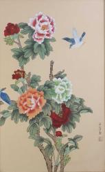 VINTAGE UZAKDOĞU SANATÇI İMZALI , MÜHÜRLÜ , KUŞLAR VE ÇİÇEKLER TEMALI ÇERÇEVELİ TABLO , 86 x 56 cm