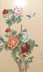 VINTAGE UZAKDOĞU SANATÇI İMZALI , MÜHÜRLÜ , KUŞLAR VE ÇİÇEKLER TEMALI ÇERÇEVELİ TABLO , 86 x 56 cm