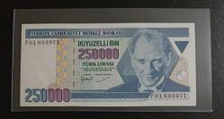 7. EMİSYON NADİR F01 SERİSİ (İLK PREFİX) 250.000 LİRA ÇİL KONDİSYONDA