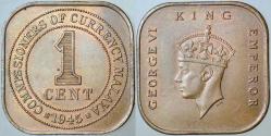 MALAYA 1 CENT 1945 KRAL 6. GEORGE İNGİLİZ HAKİMİYETİ. ÇİLALTI+
