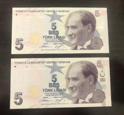 LOT.2 » 9.EMİSYON KAĞIT 5 LİRA. B 01 - B 02 2 ADET ÇİLLL