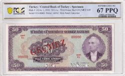 Türkiye 3. Emisyon 50 Lira - SPECIMEN - PCGS 67 PPQ - TOP POP