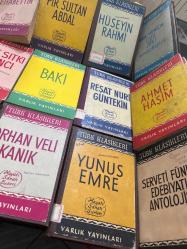 18 kitap - Varlık Türk klasikleri- Mehmet Akif-fuzuli- Cemal şehabettin- pir sultan abdal- Hüseyin rahmi- Türk yenilik şiiri-Namık Kemal-Karacaoğlan- Cahit sıtkı tarancı - baki- Reşat Nuri Güntekin- Ahmet haşim- Tevfik Fikret- nedim- Halit ziya- Orhan Veli kanık- Yunus Emre- serveti fünun edebiyatı