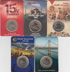 T.C 15 TEMMUZ - ÇANAKKALE - AYASOFYA -  ANTEP - BÜYÜK TAARRUZ 5 ADET HATIRA 1 LİRA KİTİ - İÇİNDEKİ HATIRA PARALAR HEDİYEDİR / ÇİL KONDİSYON