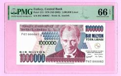 TURKEY 1000000 Lira 2002 p213 SERIAL-- P67 000082-- PMG 66 EOQ UNC (TK 19 502) ÇİL