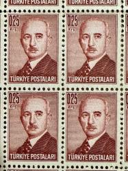 1946 TC İsmet İnönü 0.25 kuruş 100 lü blok pullar MNH-Nadir Tabaka