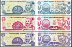 NİKARAGUA 1-5-25 CENTAVOS 1991, 3 Lü Set Çil, Eski Yabancı Kağıt Para