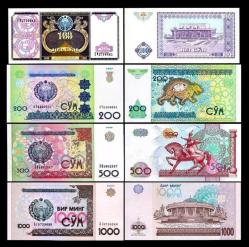 ÖZBEKİSTAN 100-200-500-1000 SOM 1994-2001, 4 Lü Set Çil, Eski Yabancı Kağıt Para