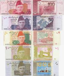 PAKİSTAN 5-10-20-50-100 RUPEE 2009-2024, 5'Lİ SET, ÇİL, ESKİ YABANCI KAĞIT PARA