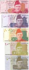 PAKİSTAN 5-10-20-50-100 RUPEE 2009-2024, 5'Lİ SET, ÇİL, ESKİ YABANCI KAĞIT PARA