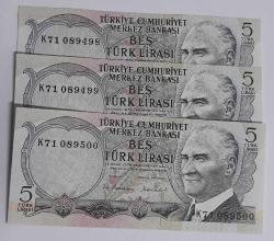 6. EMİSYON SERİ TAKİPLİ 3 ADET 5 LİRA