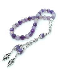 33'lü Faset Kesim Mor Ejder Akik (Dragon Vein Agate) Doğal Taş Tespih - Metal İşçilikli