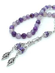 33'lü Faset Kesim Mor Ejder Akik (Dragon Vein Agate) Doğal Taş Tespih - Metal İşçilikli