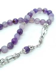 33'lü Faset Kesim Mor Ejder Akik (Dragon Vein Agate) Doğal Taş Tespih - Metal İşçilikli