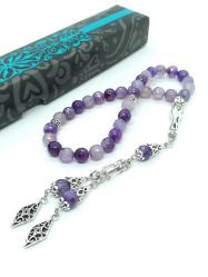 33'lü Faset Kesim Mor Ejder Akik (Dragon Vein Agate) Doğal Taş Tespih - Metal İşçilikli