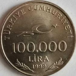 TÜRKİYE 1999  100.000  LİRA  HATIRA Türkiye Cumhuriyeti'nin 75.yılı