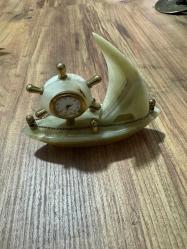 Nostaljik Oniks Mermer Denizci Ofis  Masa Saati - Yelkenli Figürlü Çalışır durumda  Boy 13 cm Yükseklik 11 cm