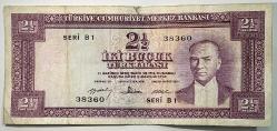 5.Emisyon 4.Tertip 2.5 Lira Seri B1 Çok Temiz Naturel Kondisyonda Koleksiyonluk Eski Para