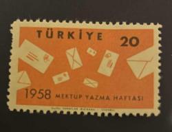 Türk Pulu - Turkish Stamp -  Postadan Geçmiş Pul Filateli - MEKTUP YAZMA HAFTASI 1958 TEMALI PUL, 20 PARA - Türkiye Cumhuriyeti - NOSTALJİK DOĞUM GÜNÜ HEDİYESİ