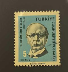 Türk Pulu - Turkish Stamp -  Postadan Geçmiş Pul Filateli - DAMGALI - DR. BESİM ÖMER AKALIN (1862-1940) TEMALI PUL, 5 KURUŞ - Türkiye Cumhuriyeti - NOSTALJİK DOĞUM GÜNÜ HEDİYESİ