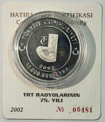 2002 TRT Radyolarının 75. Yılı Logo Boş Sertifikalı 925 Ayar Gümüş Hatıra Parası