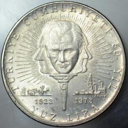 CUMHURİYET'İN 50. YILI 100 LİRA 1973 GÜMÜŞ 22 gr. ÇİLALTI+