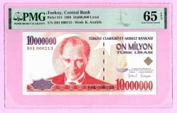 TURKEY 10000000 TL P214 1999 PREFIX--H01 000213-- PMG 65 EPQ UNC (TK 19 529) ÇİL