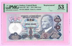 TURKEY 1000 TL P191 1970 PREFIX --Z91-- REPLACEMENT PMG 53 AU (TK 19 530) ÇİL