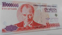 7.EMİSYON 10.000.000 TL ON MİLYON TÜRK LİRASI 1.TERTİP KAĞIT PARA G70477499 SERİ NUMARALI GÜZEL NUMARALI ÇİL