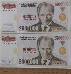 7.EMİSYON 1.TERTİP 5.000.000 TÜRK LİRALARI SIRA TAKİPLİ ÇİL F68365950-F68365951 SERİ NUMARALI ÇOK NADİR