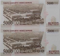 7.EMİSYON 1.TERTİP 5.000.000 TÜRK LİRALARI SIRA TAKİPLİ ÇİL F68365950-F68365951 SERİ NUMARALI ÇOK NADİR