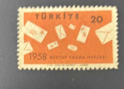 Türk Pulu - Turkish Stamp -  Postadan Geçmiş Pul Filateli - 1958 MEKTUP YAZMA HAFTASI TEMALI PUL, 20 PARA - Türkiye Cumhuriyeti - NOSTALJİK DOĞUM GÜNÜ HEDİYESİ
