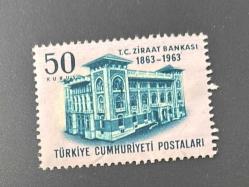 Türk Pulu - Turkish Stamp -  Postadan Geçmiş Pul Filateli - T.C. ZİRAAT BANKASI GENEL MÜDÜRLÜK BİNASI 1863-1963 TEMALI PUL, 50 KURUŞ - Türkiye Cumhuriyeti - NOSTALJİK DOĞUM GÜNÜ HEDİYESİ