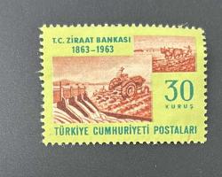 Türk Pulu - Turkish Stamp -  Postadan Geçmiş Pul Filateli - T.C. ZİRAAT BANKASI 100. YIL ( 1863-1963 ) - GELENEKSEL VE MODERN TARIM TEMALI PUL, 30 KURUŞ - Türkiye Cumhuriyeti - NOSTALJİK DOĞUM GÜNÜ HEDİYESİ
